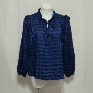 Vineyard Vines Dark Blue Plaid Ruffle Tassel Tie Neck Long Sleeve Blouse Large